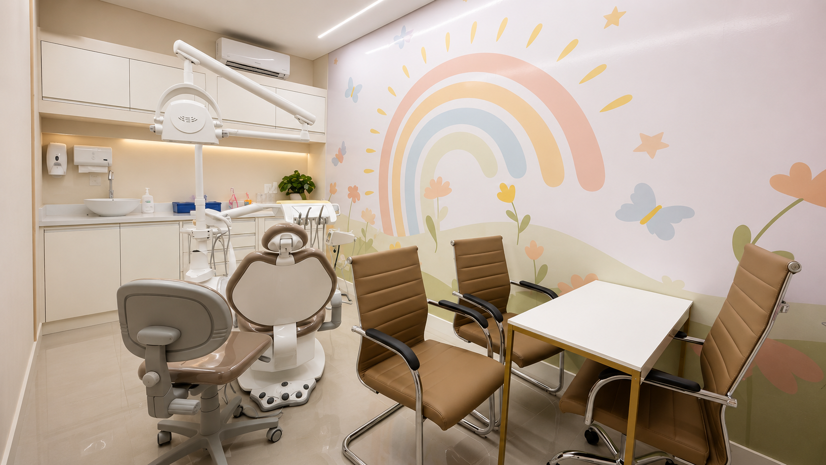 Consultório infantil com mural lúdico para crianças