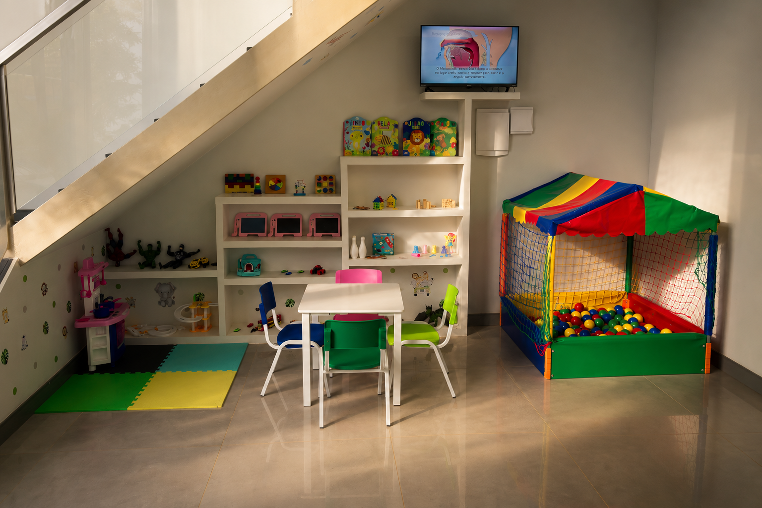 Brinquedoteca com piscina de bolinhas, mesa infantil e brinquedos educativos